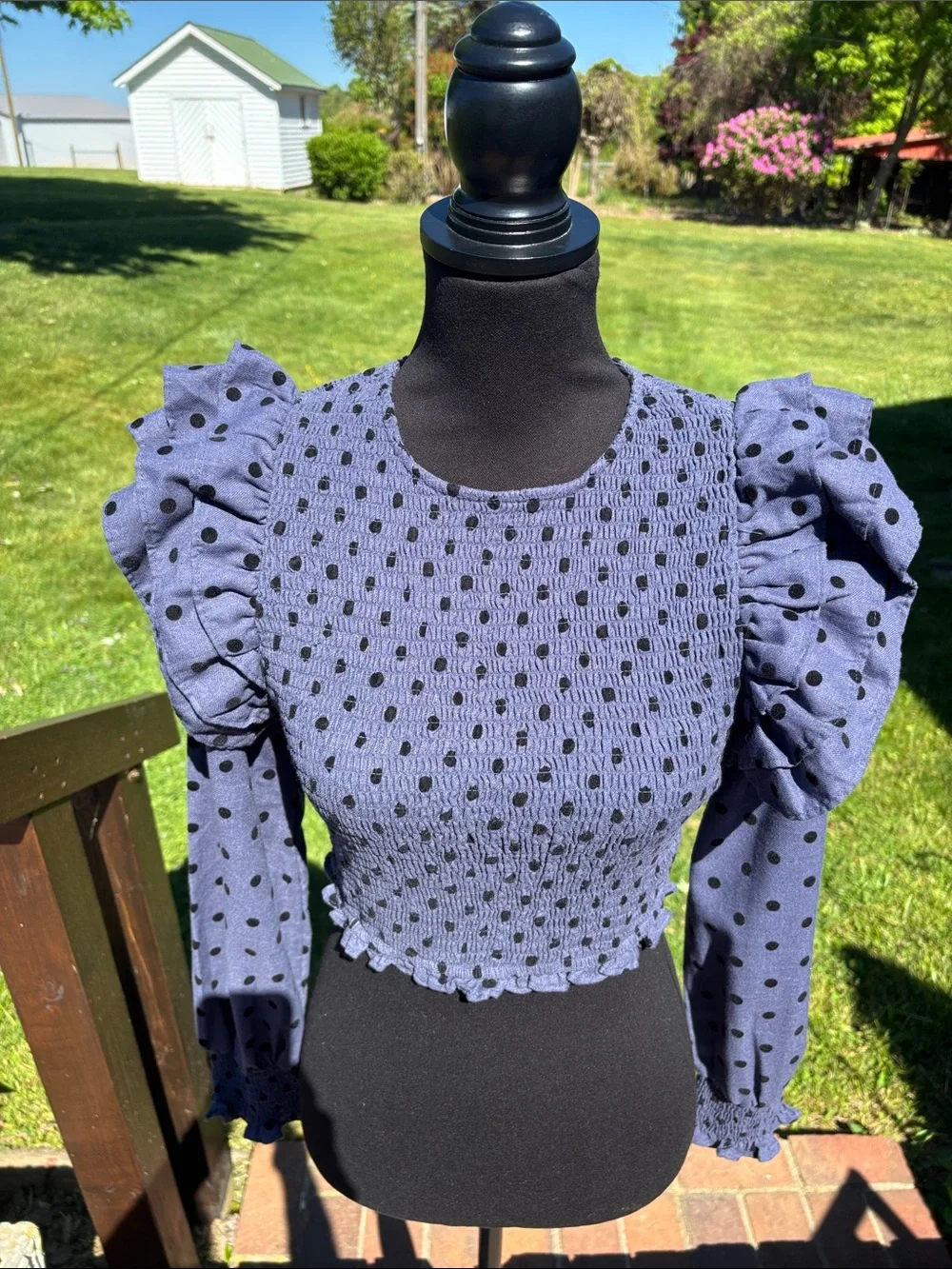 Zara Smocked Periwinkle Blue/Black Polka Dot Ruffle Sleeve Crop Top Small